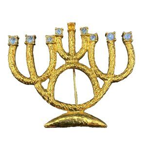 Vintage Brooch AS Hanukkah Menorah Brushed Gold Tone Pin Amber Blue Rhinestones